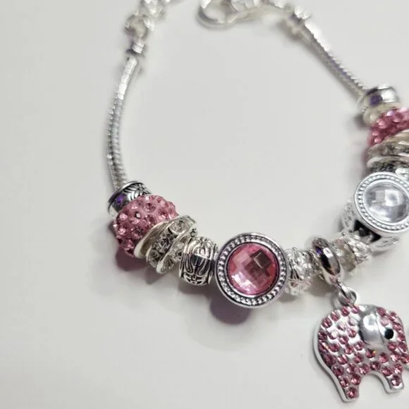 NWT Pandora Style Charm Bracelet Sparkling Pink Elephant Glittering Rhinestones - Picture 6 of 7